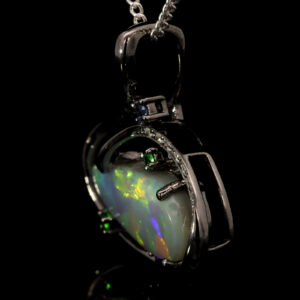 White Gold Blue Green Yellow Orange Red Solid Australian Semi Black Opal Diamond Sapphire and Green Garnet Pendant Necklace