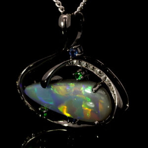 White Gold Blue Green Yellow Orange Red Solid Australian Semi Black Opal Diamond Sapphire and Green Garnet Pendant Necklace