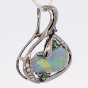 White Gold Blue Green Yellow Orange Red Solid Australian Semi Black Opal Diamond Sapphire and Green Garnet Pendant Necklace