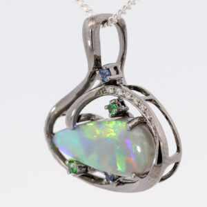 White Gold Blue Green Yellow Orange Red Solid Australian Semi Black Opal Diamond Sapphire and Green Garnet Pendant Necklace
