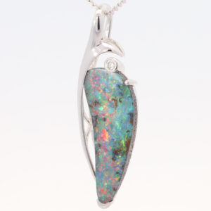 White Gold Blue Green Yellow Orange Red Solid Australian Boulder Opal and Diamond Pendant