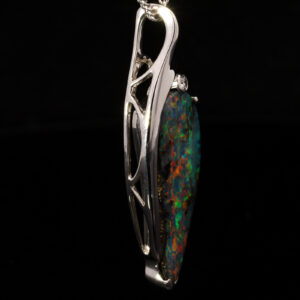 White Gold Blue Green Yellow Orange Red Solid Australian Boulder Opal and Diamond Pendant