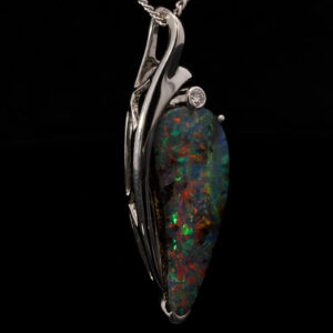 White Gold Blue Green Yellow Orange Red Solid Australian Boulder Opal and Diamond Pendant