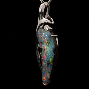 White Gold Blue Green Yellow Orange Red Solid Australian Boulder Opal and Diamond Pendant
