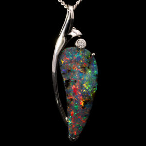 White Gold Blue Green Yellow Orange Red Solid Australian Boulder Opal and Diamond Pendant