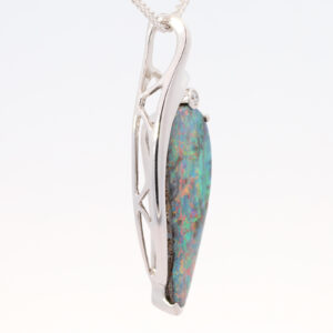 White Gold Blue Green Yellow Orange Red Solid Australian Boulder Opal and Diamond Pendant