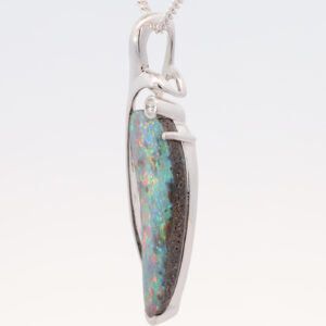 White Gold Blue Green Yellow Orange Red Solid Australian Boulder Opal and Diamond Pendant