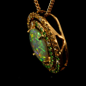 Yellow Gold Blue Green Yellow Orange Solid Australian Semi Black Opal, Diamond, Garnet and Sapphire Pendant Necklace