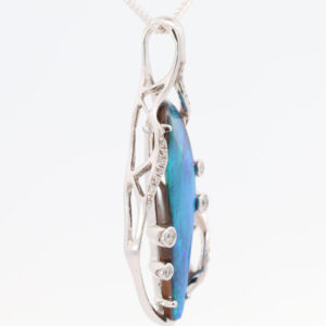 White Gold Blue Green Solid Australian Boulder Opal and Diamond Pendant Necklace