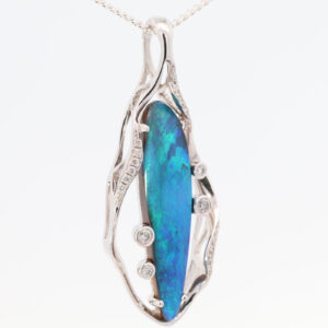 White Gold Blue Green Solid Australian Boulder Opal and Diamond Pendant Necklace