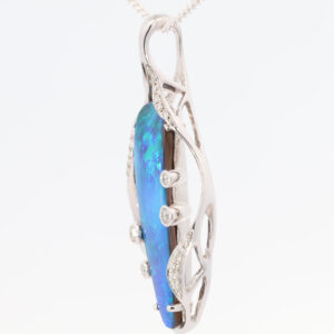 White Gold Blue Green Solid Australian Boulder Opal and Diamond Pendant Necklace