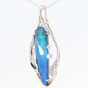 White Gold Blue Green Solid Australian Boulder Opal and Diamond Pendant Necklace