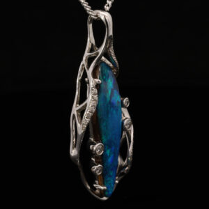 White Gold Blue Green Solid Australian Boulder Opal and Diamond Pendant Necklace