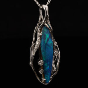 White Gold Blue Green Solid Australian Boulder Opal and Diamond Pendant Necklace