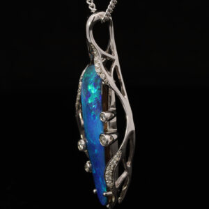 White Gold Blue Green Solid Australian Boulder Opal and Diamond Pendant Necklace