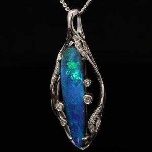 White Gold Blue Green Solid Australian Boulder Opal and Diamond Pendant Necklace