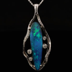 White Gold Blue Green Solid Australian Boulder Opal and Diamond Pendant Necklace