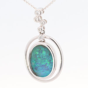 White Gold Blue Green Solid Australian Boulder Opal and Diamond Pendant Necklace
