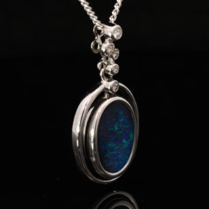 White Gold Blue Green Solid Australian Boulder Opal and Diamond Pendant Necklace