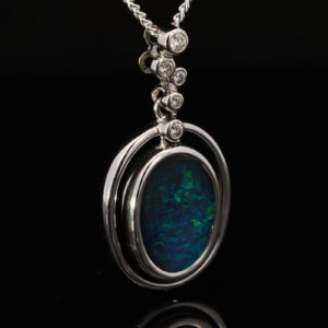 White Gold Blue Green Solid Australian Boulder Opal and Diamond Pendant Necklace