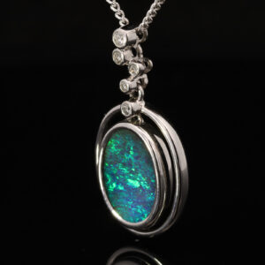 White Gold Blue Green Solid Australian Boulder Opal and Diamond Pendant Necklace