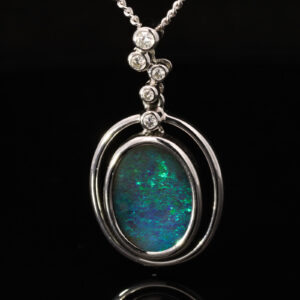 White Gold Blue Green Solid Australian Boulder Opal and Diamond Pendant Necklace