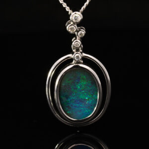 White Gold Blue Green Solid Australian Boulder Opal and Diamond Pendant Necklace