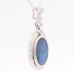 White Gold Blue Green Solid Australian Boulder Opal and Diamond Pendant Necklace