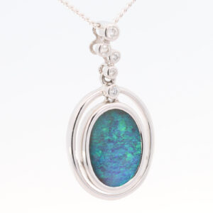 White Gold Blue Green Solid Australian Boulder Opal and Diamond Pendant Necklace