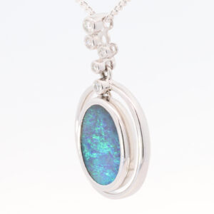 White Gold Blue Green Solid Australian Boulder Opal and Diamond Pendant Necklace