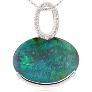 White Gold Blue Green Solid Australian Boulder Opal and Diamond Pendant Necklace