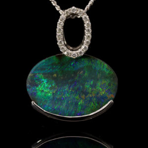 White Gold Blue Green Solid Australian Boulder Opal and Diamond Pendant Necklace