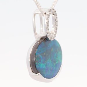 White Gold Blue Green Solid Australian Boulder Opal and Diamond Pendant Necklace