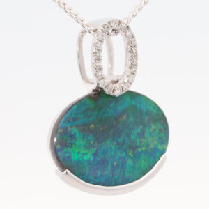 White Gold Blue Green Solid Australian Boulder Opal and Diamond Pendant Necklace