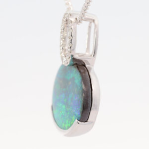 White Gold Blue Green Solid Australian Boulder Opal and Diamond Pendant Necklace