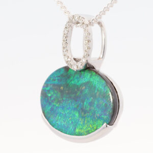 White Gold Blue Green Solid Australian Boulder Opal and Diamond Pendant Necklace