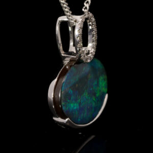 White Gold Blue Green Solid Australian Boulder Opal and Diamond Pendant Necklace
