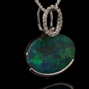 White Gold Blue Green Solid Australian Boulder Opal and Diamond Pendant Necklace