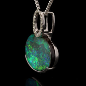 White Gold Blue Green Solid Australian Boulder Opal and Diamond Pendant Necklace