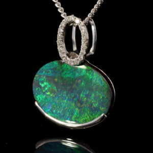 White Gold Blue Green Solid Australian Boulder Opal and Diamond Pendant Necklace