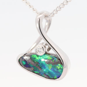 White Gold Blue Green Solid Australian Boulder Opal and Diamond Pendant Necklace