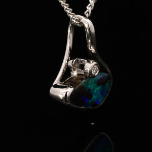 White Gold Blue Green Solid Australian Boulder Opal and Diamond Pendant Necklace