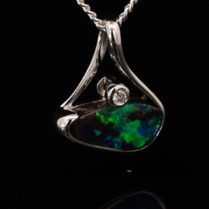 White Gold Blue Green Solid Australian Boulder Opal and Diamond Pendant Necklace