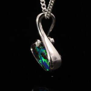 White Gold Blue Green Solid Australian Boulder Opal and Diamond Pendant Necklace
