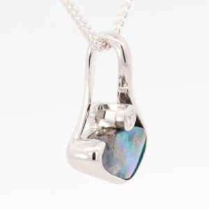 White Gold Blue Green Solid Australian Boulder Opal and Diamond Pendant Necklace