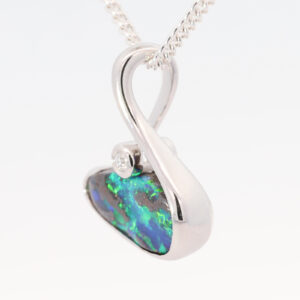 White Gold Blue Green Solid Australian Boulder Opal and Diamond Pendant Necklace