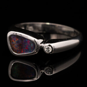 White Gold Blue Green Red Purple Solid Australian Boulder Opal and Diamond Engagement Ring