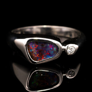 White Gold Blue Green Red Purple Solid Australian Boulder Opal and Diamond Engagement Ring