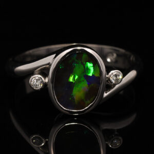 White Gold Blue Green Yellow Orange Solid Australian Boulder Opal and Diamond Engagement Ring