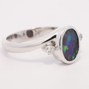 White Gold Blue Green Yellow Orange Solid Australian Boulder Opal and Diamond Engagement Ring